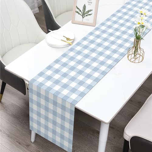 Dusty Blue Gingham Table Runner Blue Checkered Boy Girl Baby Shower Birthday Party Decoration Home Dining Kitchen Island Decor (13" x 72") - Image 2
