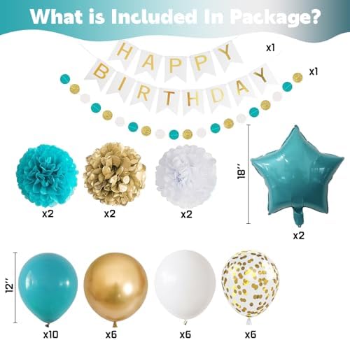 Teal & Gold Birthday Decorations - Turquoise Blue White Gold Balloons, Happy Birthday Banner, Foil Balloons, Aqua Pom Poms for Women & Girls Parties - Image 2