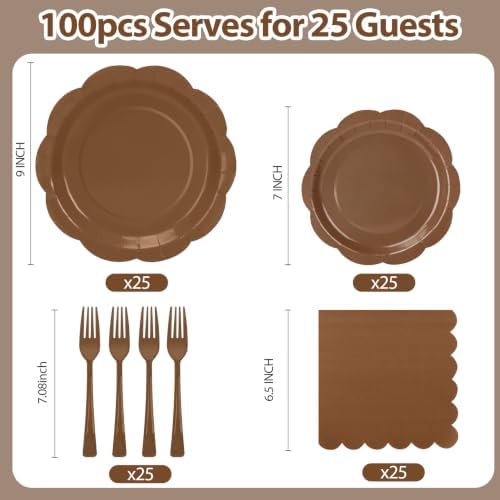 100Pcs Brown Plates and Napkins Party Supplies,25 Guests Disposable Brown Scalloped 9inch Plates,7inch Dessert Plates and Napkins and Forks Tableware for Birthday,Fall,Wedding,Rustic Parties - Image 3