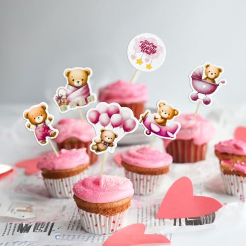 Gyufise 36Pcs Bear Cupcake Toppers Bear Cupcake Picks Baby Carriage Bottle Balloon We can Bearly Wait Cake Decorations for Baby Shower Gender Reveal Kids Birthday Party Supplies Pink Coffee - Image 6