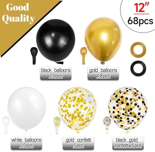 68Pcs Black White Gold Balloons with 12 Inch Black Gold Confetti Balloons for Graduation Birthday Wedding Party Decorations - Image 2