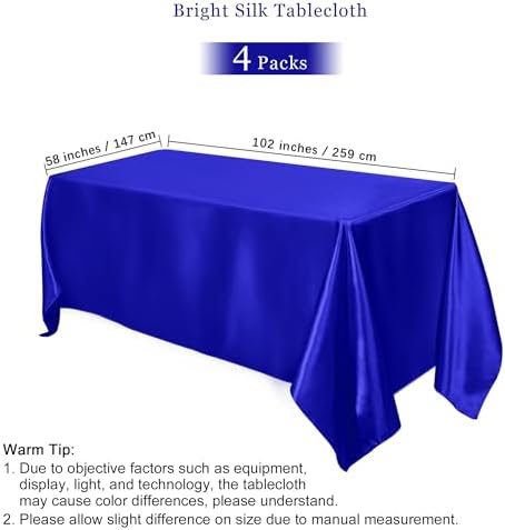 TURSTIN 4 Pack Royal Blue Satin Tablecloth 102 x 58'' Overlay Table Cover - Image 2