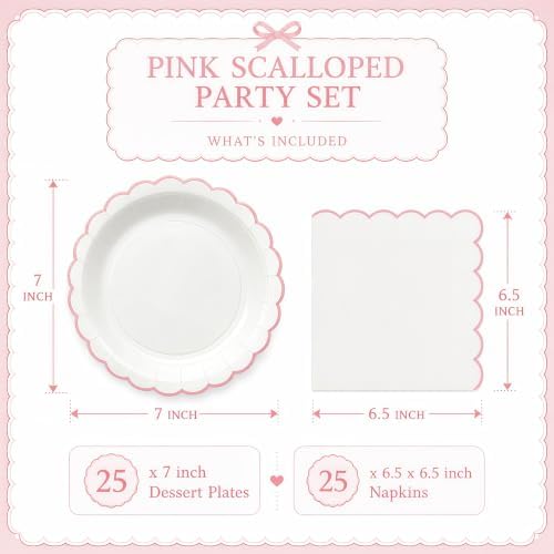 50 Pcs Pink and White Paper Plates and Napkins, 7 Inch Disposable Scalloped Plates & Napkins Party Supplies Cake Dessert Plate Tableware for Baby Shower Bridal Shower Wedding Birthday - Image 2