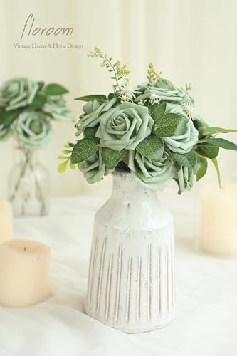 Floroom Artificial Flowers 25pcs Real Looking Forest Green Ombre Colors Foam Fake Roses with Stems for DIY Wedding Bouquets Bridal Shower Centerpieces Sage Green Floral Arrangements Decorations - Image 6
