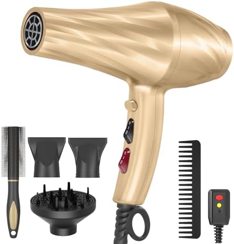 Ionic Hair Dryer,2400W Negative Ion Low Noise Hair Dryer Professional Fast Drying Hair Dryers with 2 Speeds, 3 Heat Settings, Cooling Button,with Diffuser for Curly and Straight Hair（Champagne Gold） by Unknown