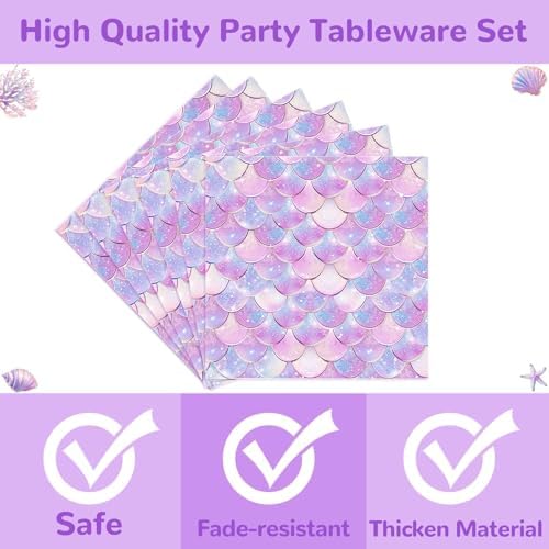 168PCS Mermaid Party Supplies Serves 24 Mermaid Themed Tableware Set Plates Cups Napkins Cutlery Straws Under The Sea Birthday Decorations for Girls - Image 4