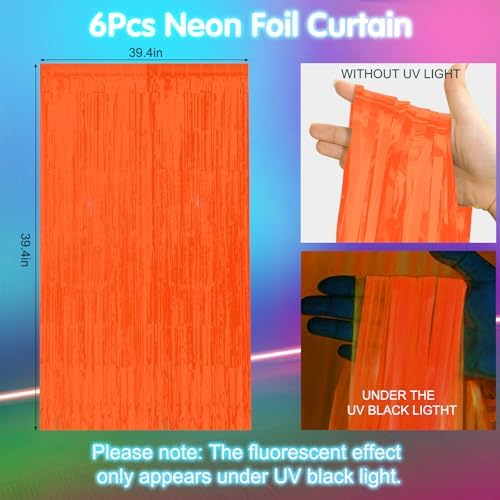 6 Pack 3.3Ft x 6.6Ft Orange Glow in The Dark Foil Fringe Curtain Backdrop Party Supplies, Fluorescent Macaron Metallic Tinsel Foil Streamers Curtain Photo Booth for Neon Birthday Party Decorations - Image 2