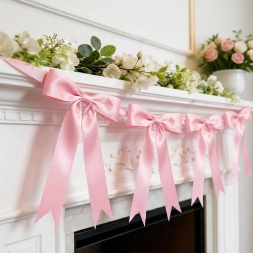 2 Pcs Pink Bow Garland Banner, Pre-Strung Pink Satin Ribbon Bow Garland by NatNarr