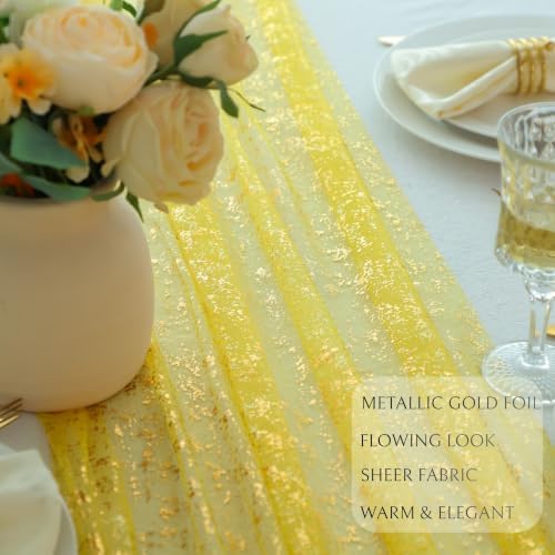3Pcs Mustard Yellow Gold Table Runner Metallic Foil Sheer Gauze 10ft - Image 3