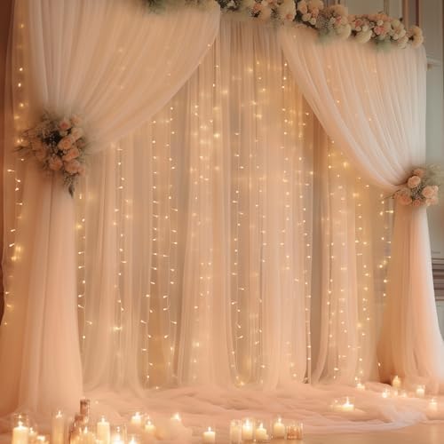 30ft x 8ft Champagne Backdrop Curtain Panels with Lights String for Parties, Sheer Tulle Wedding Backdrop Drapes for Baby Shower Birthday Party Home Decorations - Image 2