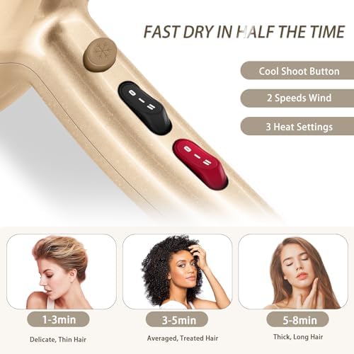Ionic Hair Dryer,2400W Negative Ion Low Noise Hair Dryer Professional Fast Drying Hair Dryers with 2 Speeds, 3 Heat Settings, Cooling Button,with Diffuser for Curly and Straight Hair（Champagne Gold） - Image 4