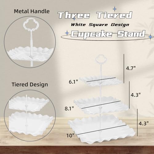 2 Pack of White Square Dessert Cupcake Stand, 3 Tiered Plastic Serving Tray - Image 3