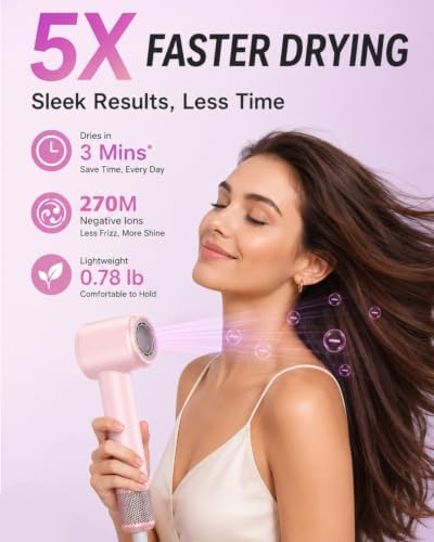 Hair Dryer with Diffuser for Curly Hair, 270M Negative Ionic Blow Dryer, 110,000 RPM High-Speed Brushless Motor for Fast Drying, Low Noise Lightweight, Portable Travel-Friendly (Pink) - Image 2