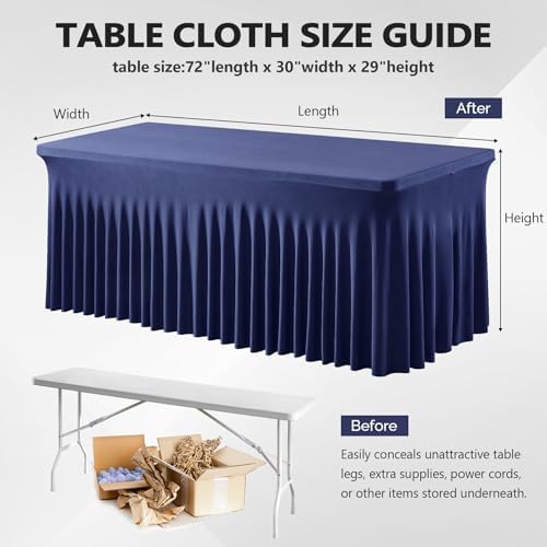 Wish Care 6 Pack Navy Blue Stretch Spandex Table Clothes for 6 Foot Rectangle Tables, 6FT Wrinkle Free Fitted Tablecloths Ruffles Design Table Cover for Party, Banquet, Wedding and Events - Image 3