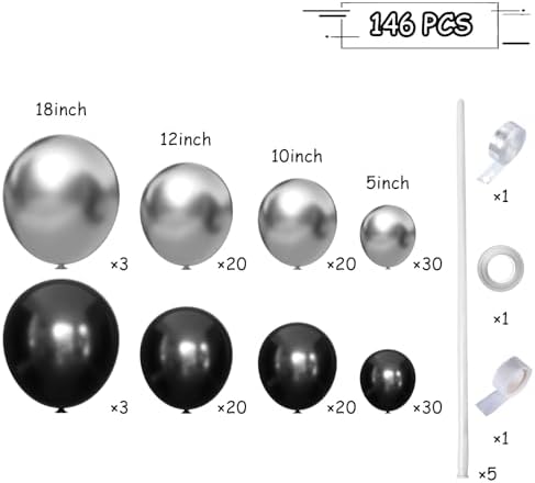 MEBAY Black Silver Balloons Garland Arch Kit, 146Pcs Latex Balloons Different Sizes 18 12 10 5 Inch for Party Decorations, Wedding Backdrop, Birthday, Graduation - Image 2
