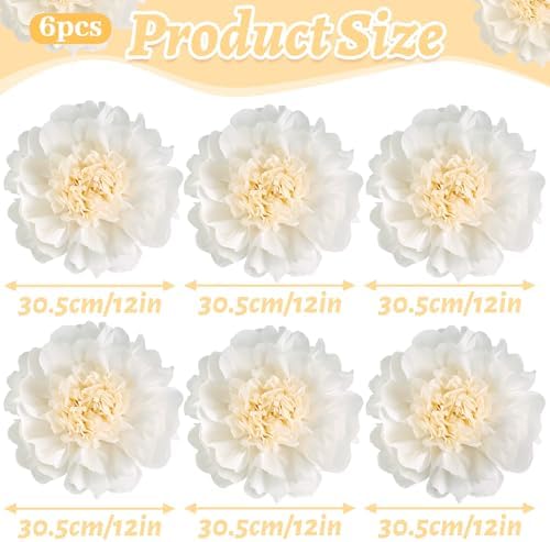SUNBEAUTY 6 Pcs White Giant Paper Flowers Decorations 12" Large Tissue Artificial Crepe Paper Flowers for Party Wedding Wall Table Birthday Baby Shower Bridal Nursery Room Tea Party Backdrop Decor - Image 3