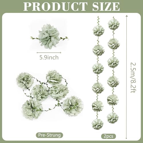 Sage Green Tissue Paper Flowers Pom Pom with Leaf Ribbon Dusty Green Hanging Garland Streamer for Birthday Wedding Shower Engagement Woodland Safari Jungle Neutral Party Decorations Supplies - Image 2