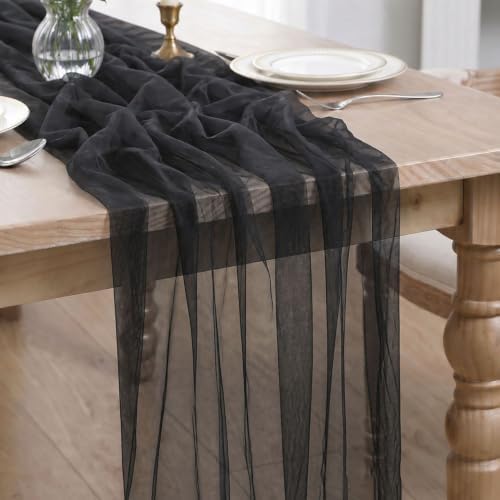 Artoid Mode Black Gauze Table Runner 28x120Inch, Seasonal Sheer Kitchen Dining Holiday Wedding Birthday Baby Shower Table Decor for Home Party by ArtoidMode