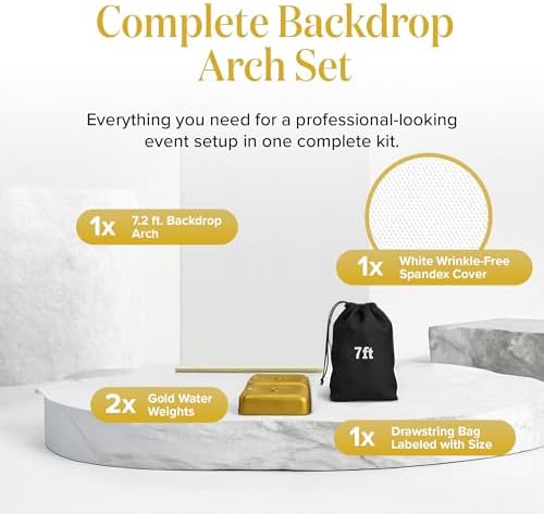 7.2FT Gold Wedding Backdrop Arch Stand with White Spandex Cover – Metal Frame, Water Weights & Storage Bag – Party, Birthday, Baby Shower, Bridal Shower, Wedding Ceremony, Photo Booth Decor - Image 2