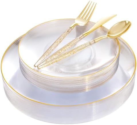 Liacere 150PCS Clear Gold Plastic Plates - Gold Plastic Silverware with Glitter Handle - Clear Disposable Plates Include 30 Guests Plates, Forks, Spoons, Knives for Wedding&Thanksgiving&Fall Party by Liacere
