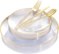 Liacere 150PCS Clear Gold Plastic Plates - Gold Plastic Silverware with Glitter Handle - Clear Disposable Plates Include 30 Guests Plates, Forks, Spoons, Knives for Wedding&Thanksgiving&Fall Party by Liacere