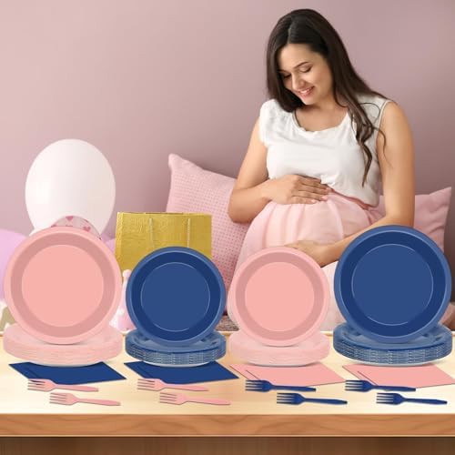 CHUNNIN 96Pcs Baby Gender Reveal Party Plates and Napkins for Boy or Girl Gender Reveal Party Supplies Baby Shower Paper Dessert Plates Pink and Blue Tableware Set for 24 Guests Shower Decorations - Image 5