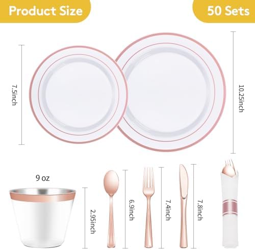 Goodluck 350 Piece Rose Gold Plastic Dinnerware Set for 50 Guests - Image 4