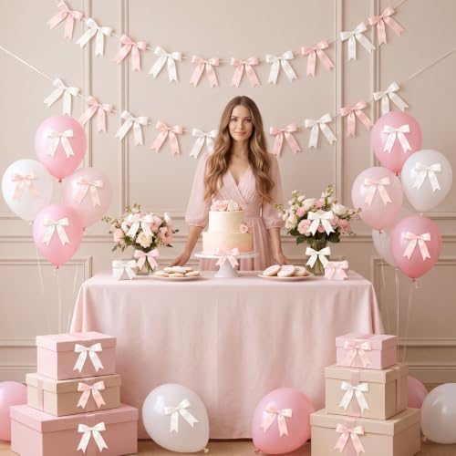 NatNarr 2 Pcs White and Pink Bow Garland, Pre-Strung Bow Garland - Image 4