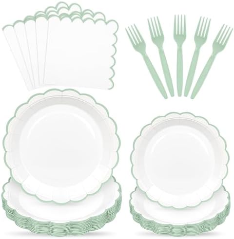 96 Pcs Sage Green and White Paper Plates and Napkins Set Include 9'' White Dinner Plates with Sage Green Scalloped Rim, 7'' Dessert Plates, Napkins & Forks for Baby Shower Wedding Birthday by Unknown