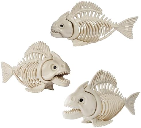 NEROSUN Halloween Fish Skeleton Decorations, 3 Pack 10" Plastic Animal Skeleton with Posable Jaw, Spooky Fish Bones Decor Indoor Outdoor for Party Graveyard Haunted House Prop by NEROSUN