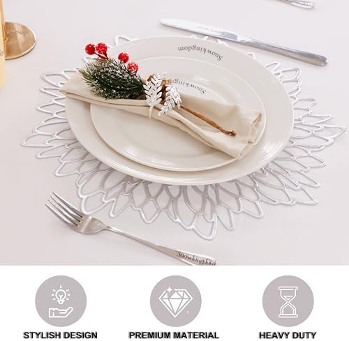 Snowkingdom 6 Pack Silver Placemats Metallic Glitter Pressed Vinyl Dinning Table Mats Decorative Round Leaf Charger for Winter Holiday Thanksgiving Christmas - Image 3