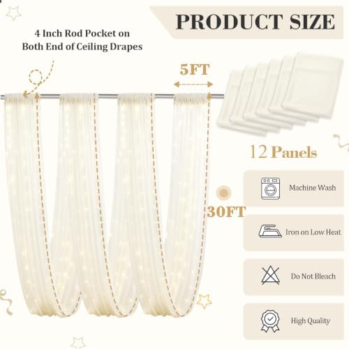 12 Panels Beige Ceiling Curtains with Lights for Weddings - 5ftx30ft Wrinkle-Free Tulle Fabric Wedding Arch Draping Ceiling Drapes Decorations for Wedding Party Ceremony Stage Tent Event - Image 4