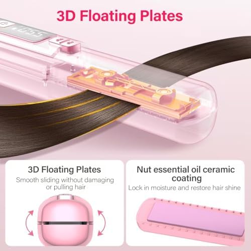 Cordless Hair Straightener and Curler 2 in 1, Mini, Lightweight and Small,USB Rechargeable with 4500mAh Battery, 10s Fast Heating, Portable Ceramic Flat Iron for Travel (Light Pink) - Image 5