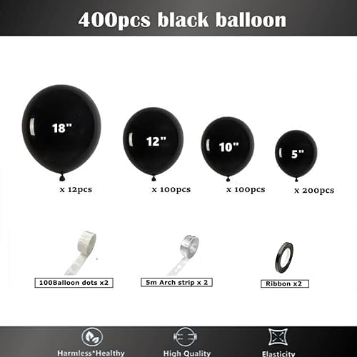 412pcs Black Balloons 18 12 10 5 Inch Black Balloon Garland Arch Kit Different Sizes Matte Latex Balloons for Baby Shower Birthday Wedding Party Decorations - Image 2