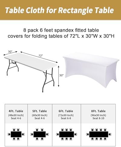 Fixwal 8 Pack 6FT White Tablecloth Rectangle Spandex Fitted Table Cover - Image 3