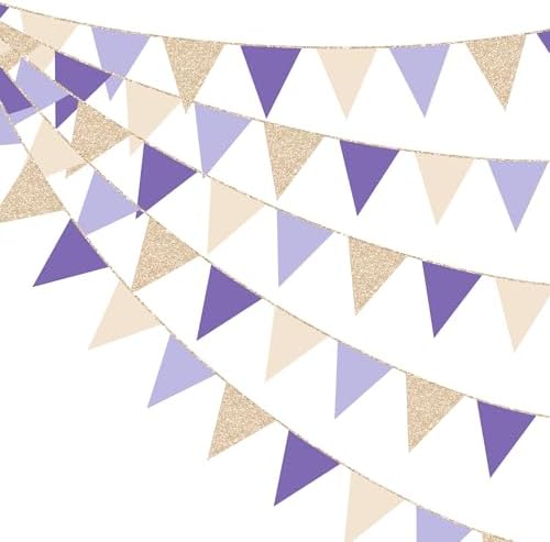 30 Ft Purple Lavender Beige Champagne Gold Party Decorations Pennant Banner Flag Hanging Paper Triangle Bunting for Birthday Bridal Shower Wedding Shower Engagement Lilac Violet Party Supplies by pinkblume