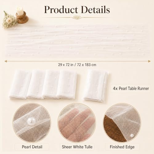 4 Pcs Pearl Table Runner 29x72 Inch White Tulle Wedding Table Decor - Image 2