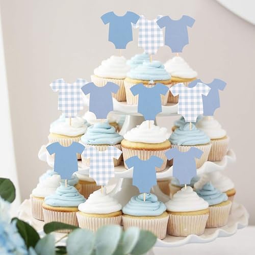 Blue Gingham Baby Shower Bodysuit Cupcake Topper,Blue Gingham Cake Topper by TUTOTU