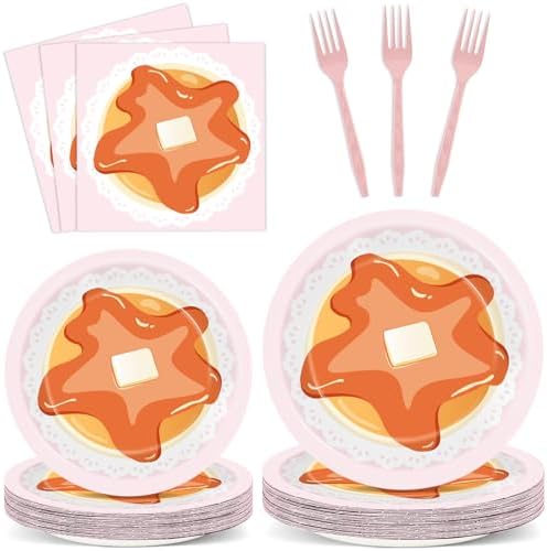 96Pcs Pancakes and Pajamas Paper Plates and Napkins Pajama Brunch Birthday Party Decoration Girls Pink Night Sleepover Dessert Plates Spa Party Cake Tableware Set for 24 Guests Slumber Party Supplies by CHUNNIN