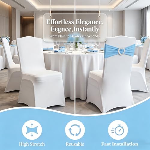 150PCS Spandex Stretch Chair Sashes with Buckle Slider, Elastic Chair Cover Bands Bows for Wedding Party Reception Events Universal Ceremony Banquet Decorations (Sky Blue) - Image 5