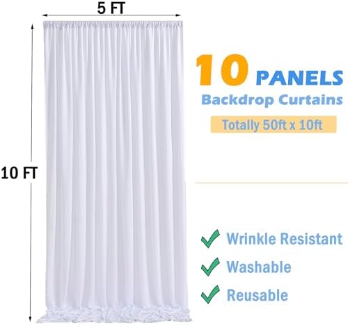 50ftx10ft Wrinkle Free White Backdrop Curtain for Party Background, 10 Panels Silky Polyester Photo Backdrop Drapes Back Drop Cloth for Wedding Birthday Photography Baby Shower Photoshoot Decor - Image 5