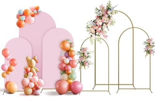 Arch Backdrop Stand and Cover Set, 3 Metal Balloon Arch Backdrop 7.2ft 6.6ft 6ft, Gold Arched Stand Frame for Wedding, Parties,Birthday, Backdrop Decorations (Pale Pink,7.2ft+6.6ft+6ft) by Holldoor