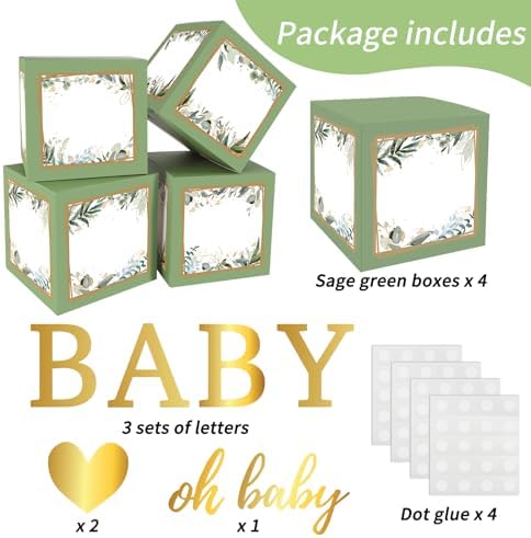 RUBFAC Baby Shower Boxes with Letters, 4pcs Sage Green Baby Shower Decorations for Boy Girl Balloon Boxes Gender Reveal Birthday Party Favors - Image 2