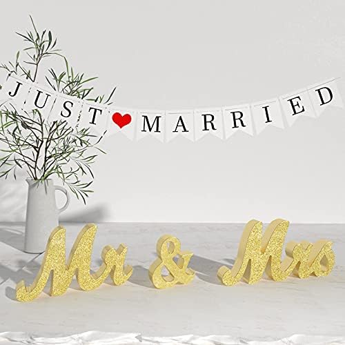 VIOPVERY Wooden Mr & Mrs Wedding Sign with Just Married Banner,Gold - Image 7