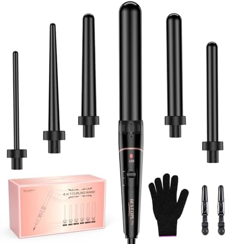 Long Barrel Curling Iron Wand Set, BESTOPE PRO 6 in 1 Curling Wand Set with Ceramic Barrel for Long/Medium Hair, 0.35"-1.25" Interchangeable Hair Wand Curler, Dual Volts, Include Glove & Clips - Black by BESTOPEPRO
