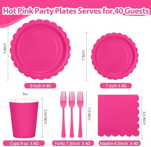 200Pcs Hot Pink Party Plates and Napkins, 9’’ Disposable Scalloped Hot Pink Paper Plates and 7’’ Hot Pink Dessert Plates Cups Napkins Forks Party Supplies for Birthday Party Decorations, Serves 40 - Image 2