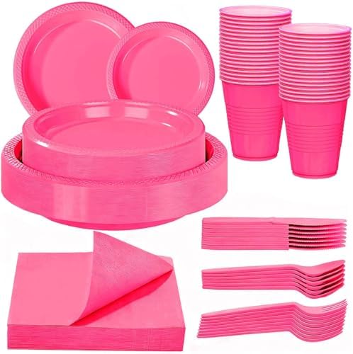 WELLIFE 210Pcs Hot Pink Plastic Plates, Pink Disposable Plates for Party by WELLIFE