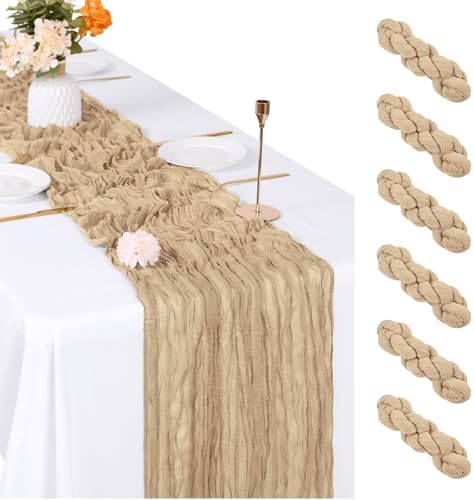 6 Pack Beige Cheesecloth Table Runner, 17 x 108 inch, Semi Sheer Boho Cheese Cloth Fabric Table Runner Bulk for Wedding , Birthday, Party, Holiday, Home Decor (Beige) by ACSUIT