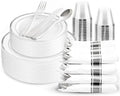 WDF Partyware 175PCS Sliver Plastic Plates - Silver Plates Disposable - White Plate with Silver Trim 25Guests Plastic Dinnerware Sets with Rolled Napkins for Wedding Baby Shower Spring Birthday by WDF