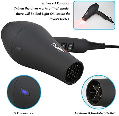 JINRI Hair Dryer, 1875W, 3 Heat & 2 Speed, with Diffuser, with Concentrator, Ionic Technology & Infrared - Black, Detachable Air Intake, Hanging Strap, Non-Foldable, 125V, JINRI-104 - Image 4
